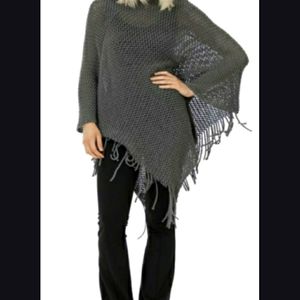 MAX SPORT Fringed Lure Knit SweaterPoncho Heather Charcoal